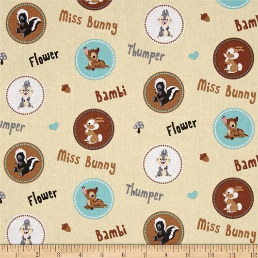 Disney Bambi Happy Together Badges Tan Cotton Quilting Fabric 1/2 YARD Disney Bambi Happy Together Badges Tan Cotton Quilting Fabric 1/2 YARD