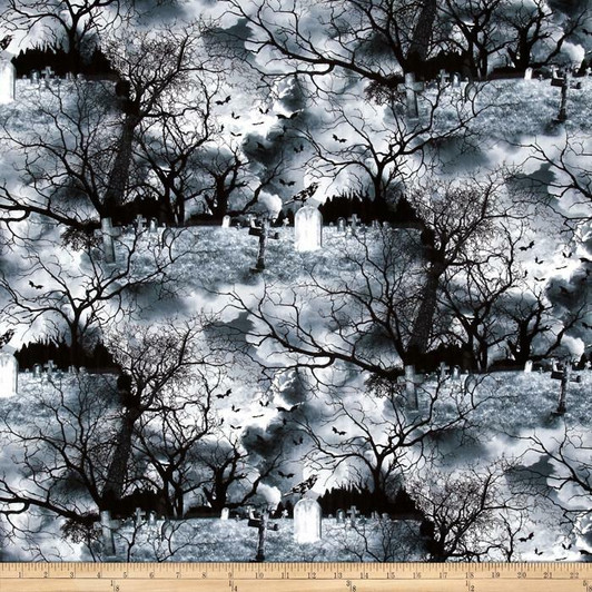 Wicked Eve Graveyard Grey Background Ravens Headstones Halloween Cotton Quilting Fabric 75cms Wicked Eve Graveyard Grey Background Ravens Headstones Halloween Cotton Quilting Fabric 75cms