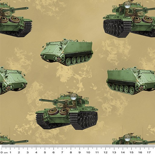 Remembering Vietnam War ANZACS Armoured Personnel Carrier and Tanks Beige Cotton Quilting Fabric Remembering Vietnam War ANZACS Armoured Personnel Carrier and Tanks Beige Cotton Quilting Fabric