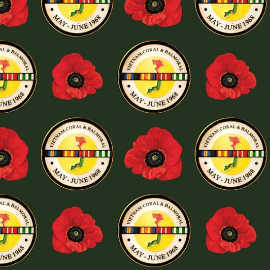 Remembering Vietnam War ANZACS Coral and Balmoral Bottle Green Badges Cotton Quilting Fabric Remembering Vietnam War ANZACS Coral and Balmoral Bottle Green Badges Cotton Quilting Fabric