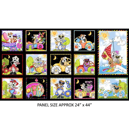 Go Doggie by Loralie Black Cotton Quilting Fabric Panel
