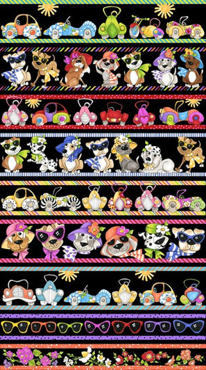 Go Doggie Border Doggies Black Stripe by Loralie White Cotton Quilting Fabric Go Doggie Border Doggies Black Stripe by Loralie White Cotton Quilting Fabric
