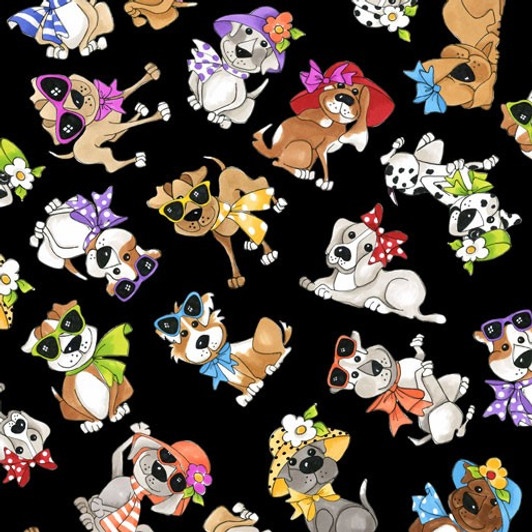 Go Doggie Doggies Toss Black by Loralie Cotton Quilting Fabric Go Doggie Doggies Toss Black by Loralie Cotton Quilting Fabric