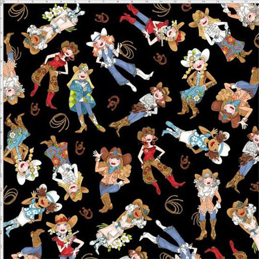 Whoa Girl Cowgirls Tossed Black  by Loralie Cotton Quilting Fabric Whoa Girl Cowgirls Tossed Black  by Loralie Cotton Quilting Fabric