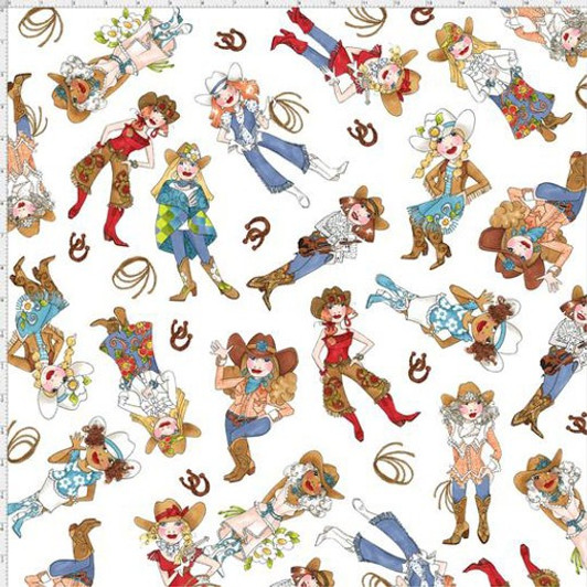 Whoa Girl Cowgirls Tossed White by Loralie Cotton Quilting Fabric Whoa Girl Cowgirls Tossed White by Loralie Cotton Quilting Fabric