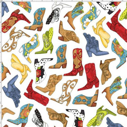 Whoa Girl Bootery Tossed White Cowgirl Boots by Loralie Cotton Quilting Fabric Whoa Girl Bootery Tossed White Cowgirl Boots by Loralie Cotton Quilting Fabric