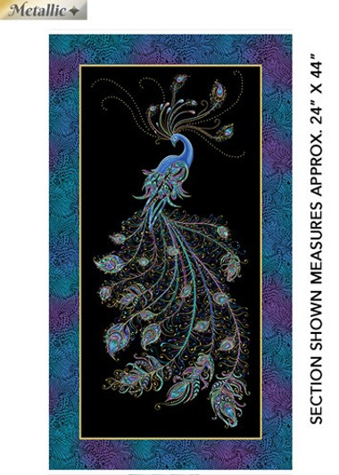 Peacock Flourish Black Cotton Quilting Fabric Panel Peacock Flourish Black Cotton Quilting Fabric Panel
