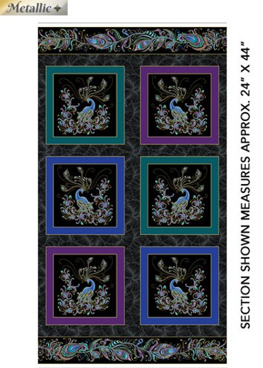 Peacock Flourish Black Metallic Highlights Cotton Quilting Fabric Box Panel Peacock Flourish Black Metallic Highlights Cotton Quilting Fabric Box Panel