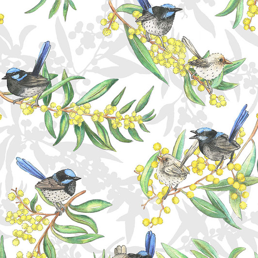 Blue Wrens Allover Australian Gumtree Friends Cotton Quilting Fabric 1/2 YARD Blue Wrens Allover Australian Gumtree Friends Cotton Quilting Fabric 1/2 YARD