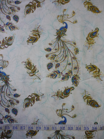 Peacock Flourish Peacocks Toss Light Teal Metallic Highlights Cotton Quilting Fabric