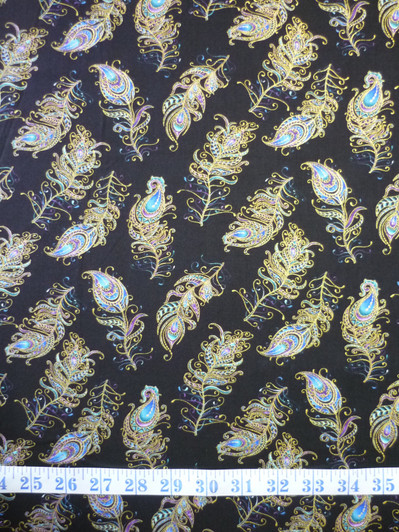 Peacock Flourish Floating Feather Black Metallic Highlights Cotton Quilting Fabric