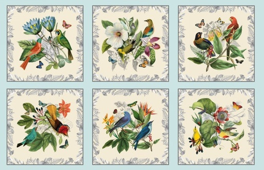Secret Escape Birds Butterflies Floral Blue Cotton Quilting Fabric Panel Secret Escape Birds Butterflies Floral Blue Cotton Quilting Fabric Panel