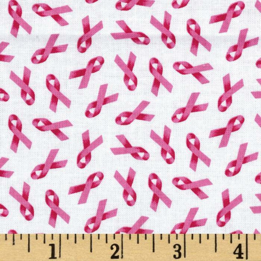 Breast Cancer Pink Ribbon White Background Cotton Fabric 1/2 YARD Breast Cancer Pink Ribbon White Background Cotton Fabric 1/2 YARD