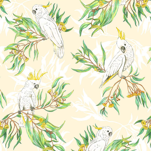 Cockatoos Allover Cream Australian Gumtree Friends Cotton Quilting Fabric 1/2 YARD Cockatoos Allover Cream Australian Gumtree Friends Cotton Quilting Fabric 1/2 YARD