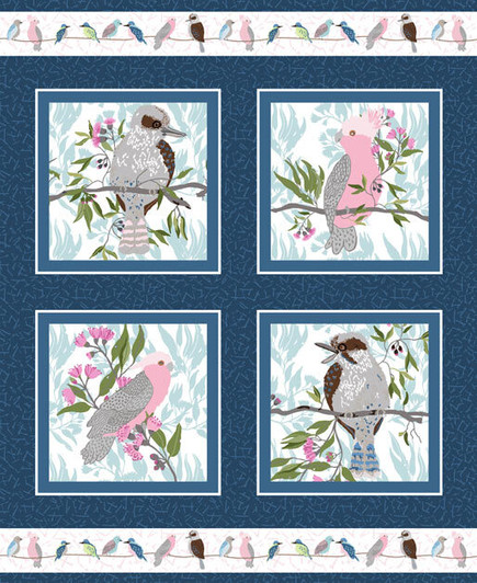 Aussie Feathered Friends Kookaburras Pink and Grey Galahs Cotton Quilting Fabric Panel Aussie Feathered Friends Kookaburras Pink and Grey Galahs Cotton Quilting Fabric Panel