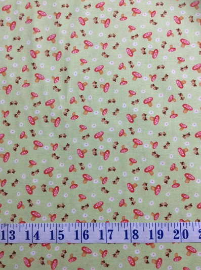 Hugs and Love Mushrooms Toadstools Tossed Green Cotton Quilting Fabric 1/2 YARD