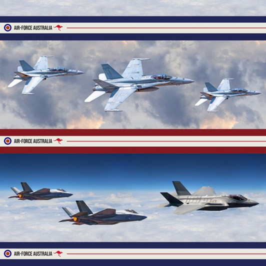 Air Force Centenary Hornet and Lightning Aircraft Stripe Cotton Quilting Fabric Air Force Centenary Hornet and Lightning Aircraft Stripe Cotton Quilting Fabric