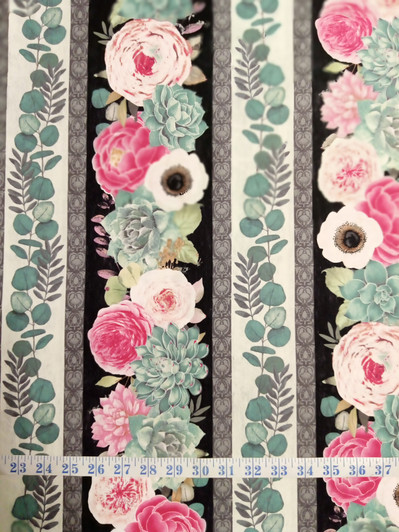 Botanical Oasis Roses and Flowers Stripe Cotton Quilting Fabric Botanical Oasis Roses and Flowers Stripe Cotton Quilting Fabric