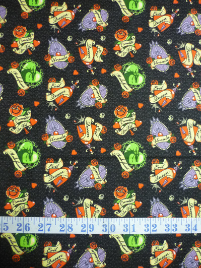 Disney Villains Diabolically Devious Tattoo Badges Cotton Quilting Fabric