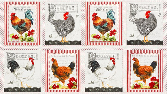 Down on the Country Farm Roosters Hens Chickens Cotton Quilting Fabric Panel Down on the Country Farm Roosters Hens Chickens Cotton Quilting Fabric Panel