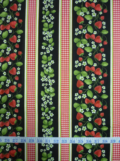 Strawberry Patch Red Gingham Stripe Black Background Cotton Quilting Fabric