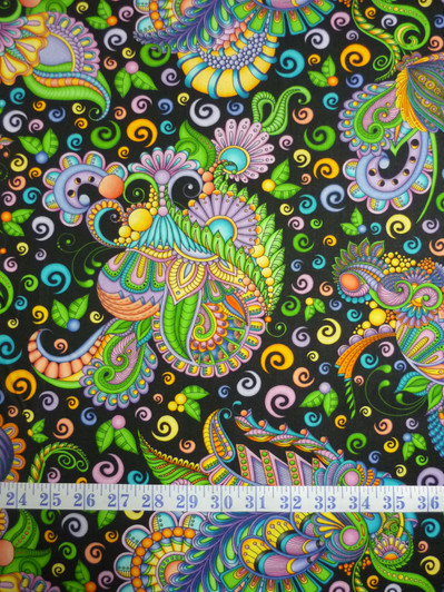 Festival Geo Spaced Paisley Black Background Cotton Quilting Fabric