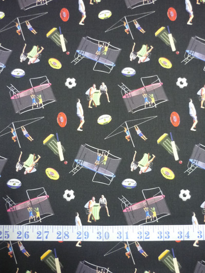 Outdoor Aussie Backyard Playing Black Cotton quilting Fabric