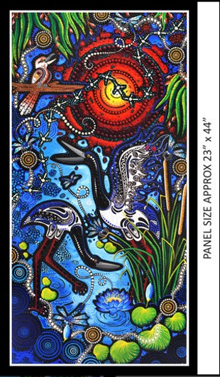 Aboriginal Art Spirit of the Bush The Kookaburra and the Jabiru Cotton Quilting Fabric Panel