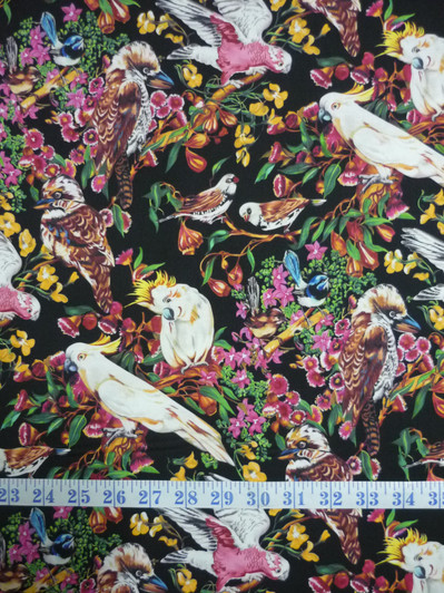 Burrangong Birdlife Australian Birds Black Background Cotton quilting Fabric
