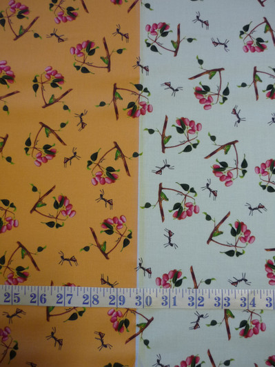 Wildlife Art Ants and Lilly Pilly Caramel and Sky Background Cotton Quilting Fabric