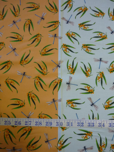 Wildlife Art Dragonflies and Wattle Caramel and Sky Background Cotton quilting Fabric