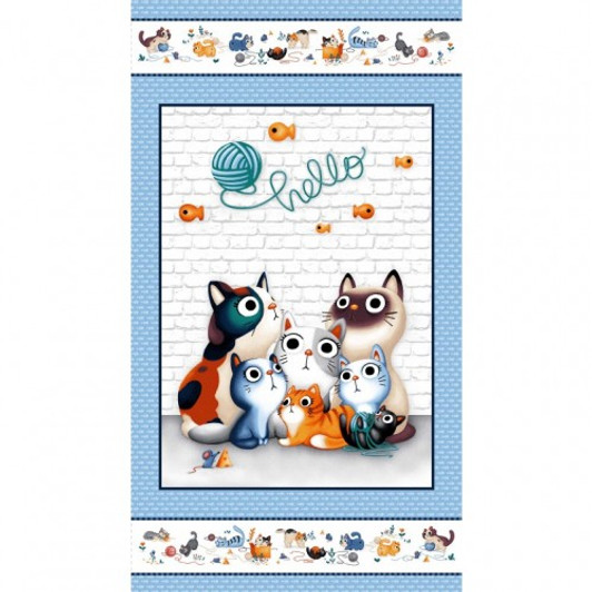 Say Hello Feline Friends Blue Cotton quilting Fabric Panel Say Hello Feline Friends Blue Cotton quilting Fabric Panel
