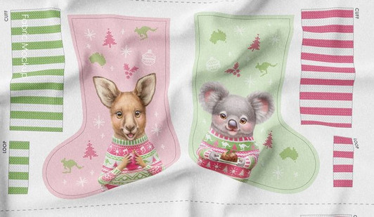 Aussie Friends Festive Fun Christmas Stockings Koala Kangaroo Cotton Quilting Fabric Panel Aussie Friends Festive Fun Christmas Stockings Koala Kangaroo Cotton Quilting Fabric Panel