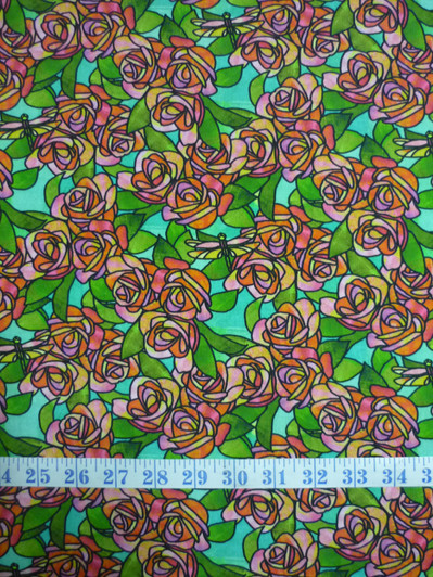 Stained Glass Roses Aqua Cotton Quilting Fabric