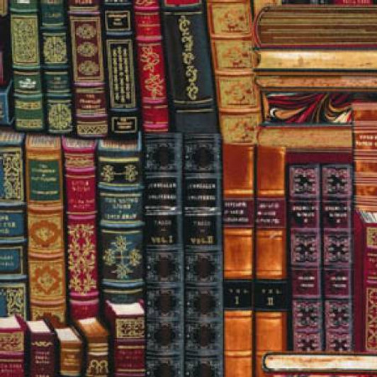 Library Books Packed Books Multi Gold Metallic Hilights Cotton Quilting Fabric Library Books Packed Books Multi Gold Metallic Hilights Cotton Quilting Fabric