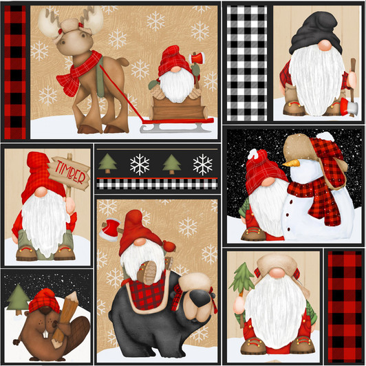 Gnomes Timber Gnomies Patchwork Multi Cotton Quilting Fabric Gnomes Timber Gnomies Patchwork Multi Cotton Quilting Fabric
