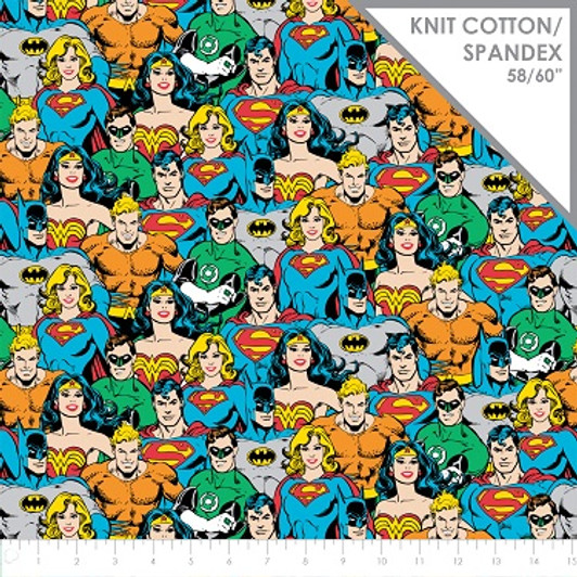 Superman Batman Wonder Woman Superhero Crowd Multi STRETCH KNIT Fabric 1/2 YARD