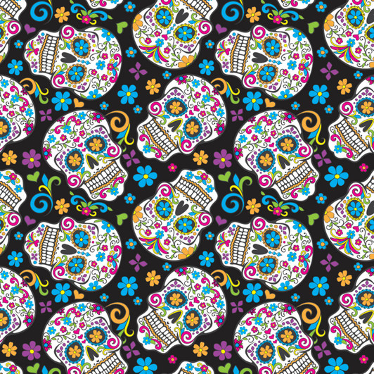 Skulls Folk Multi Black Background FLEECE Fabric