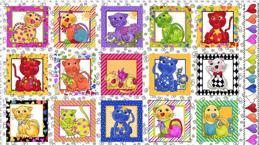 Loralie Cat Happy Panel White Cotton Quilting Fabric Panel Loralie Cat Happy Panel White Cotton Quilting Fabric Panel
