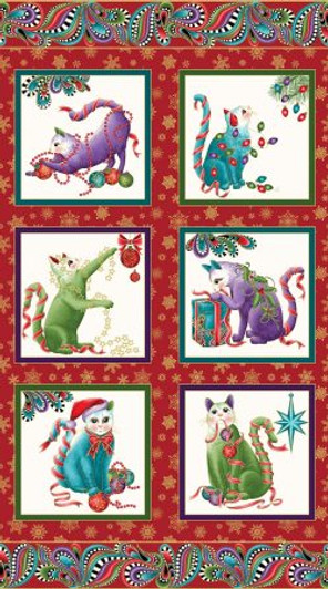 Cat-I-Tude Christmas Paisley Red Metallic Highlights Cotton Quilting Fabric Panel Cat-I-Tude Christmas Paisley Red Metallic Highlights Cotton Quilting Fabric Panel