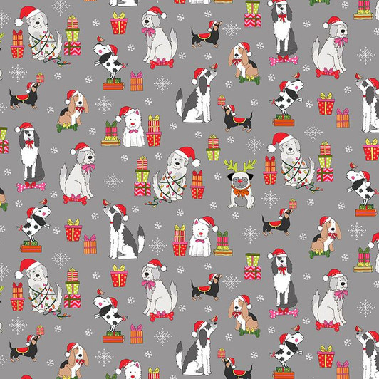 Yappy Christmas Dogs Presents Grey Cotton Quilting Fabric Yappy Christmas Dogs Presents Grey Cotton Quilting Fabric
