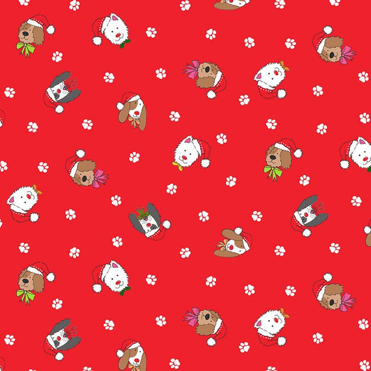 Yappy Christmas Dog Faces Paw Prints Red Cotton Quilting Fabric Yappy Christmas Dog Faces Paw Prints Red Cotton Quilting Fabric