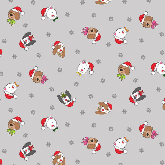 Yappy Christmas Dog Faces Paw Prints Grey Cotton Quilting Fabric Yappy Christmas Dog Faces Paw Prints Grey Cotton Quilting Fabric