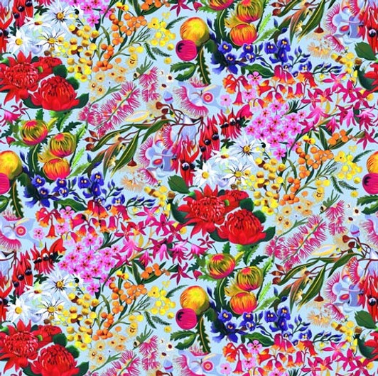 Australian Wildflowers Blue Background Cotton Quilting Fabric Australian Wildflowers Blue Background Cotton Quilting Fabric