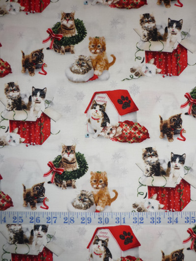 Fireside Kittens Cats Christmas Scenic Off White Cotton Quilting Fabric