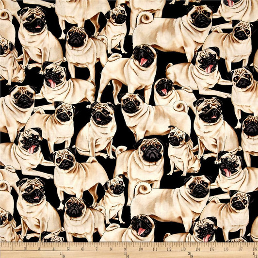Pug Dog Black Background Cotton Quilting Fabric Pug Dog Black Background Cotton Quilting Fabric