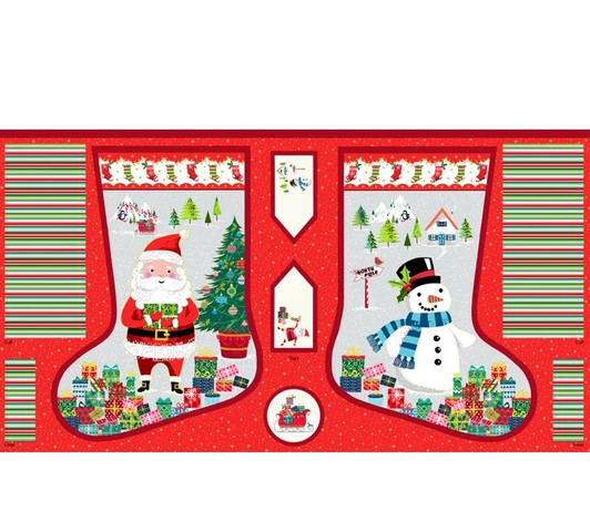 Santa and Snowman Christmas Stockings Cotton Quilting Fabric Panel Santa and Snowman Christmas Stockings Cotton Quilting Fabric Panel
