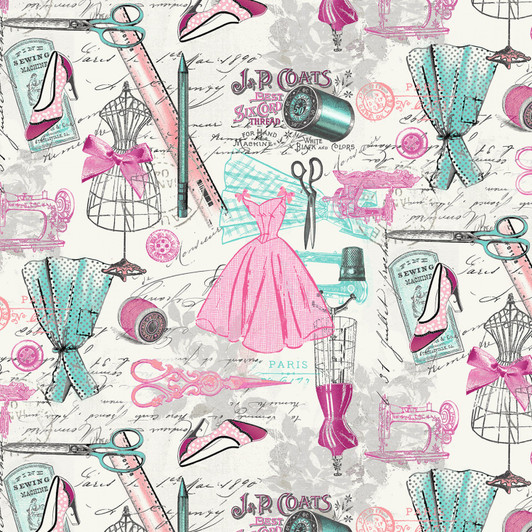 Bonjour Paris Vintage Dressmaking Pink Cotton Quilting Fabric Bonjour Paris Vintage Dressmaking Pink Cotton Quilting Fabric