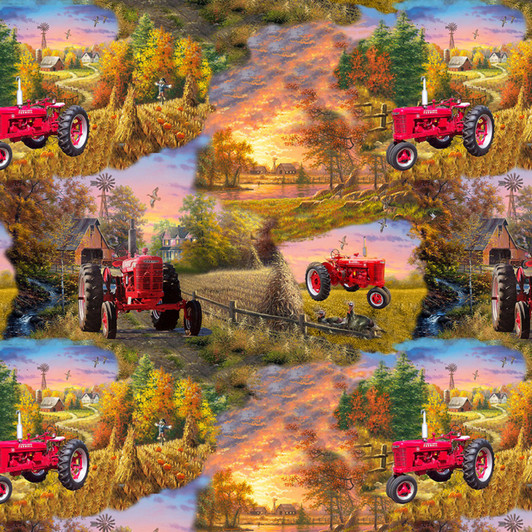Country Living Farmall Tractor Scenic Allover Cotton Quilting Fabric Country Living Farmall Tractor Scenic Allover Cotton Quilting Fabric
