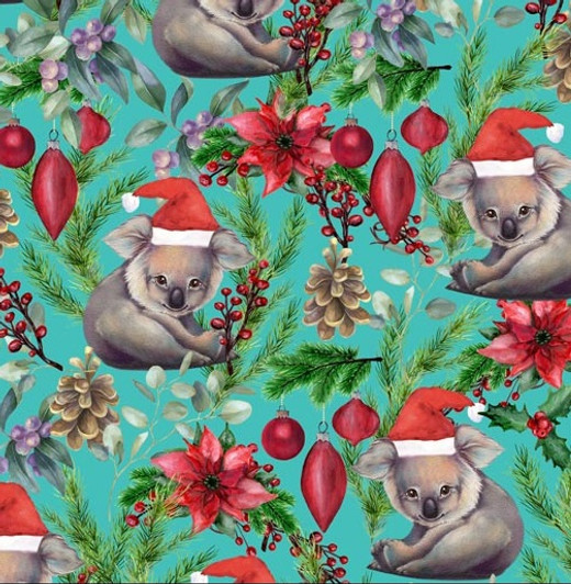 Aussie Christmas Koala Aqua Unalloyed 1000C Cotton Quilting Fabric Aussie Christmas Koala Aqua Unalloyed 1000C Cotton Quilting Fabric